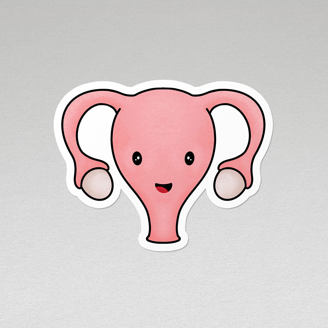 image of a smiling uterus vinyl sticker with white border